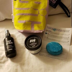 Lush Hair Care Sea Salt Spray, Big Shampoo,Bag,and Big Shampoo Conditioner Bar
